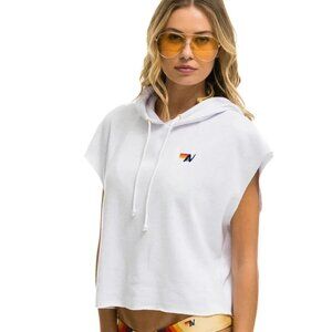 AVIATOR NATION LOGO EMBROIDERY SLEEVELESS RELAXED CROP PULLOVER HOODIE - WHITE M